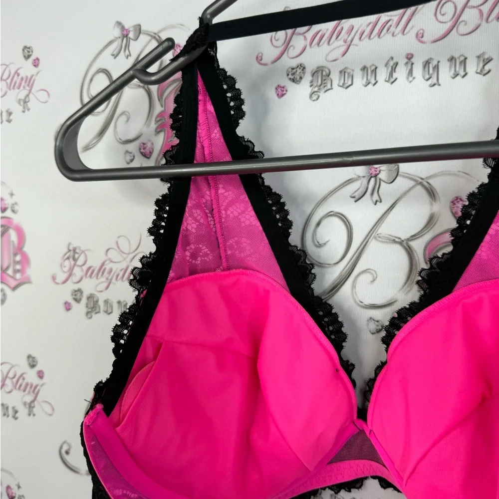 La SENZA bra bralette halter Lacie sexy neon Black and Pink Lace Bralette - Picture 6 of 14